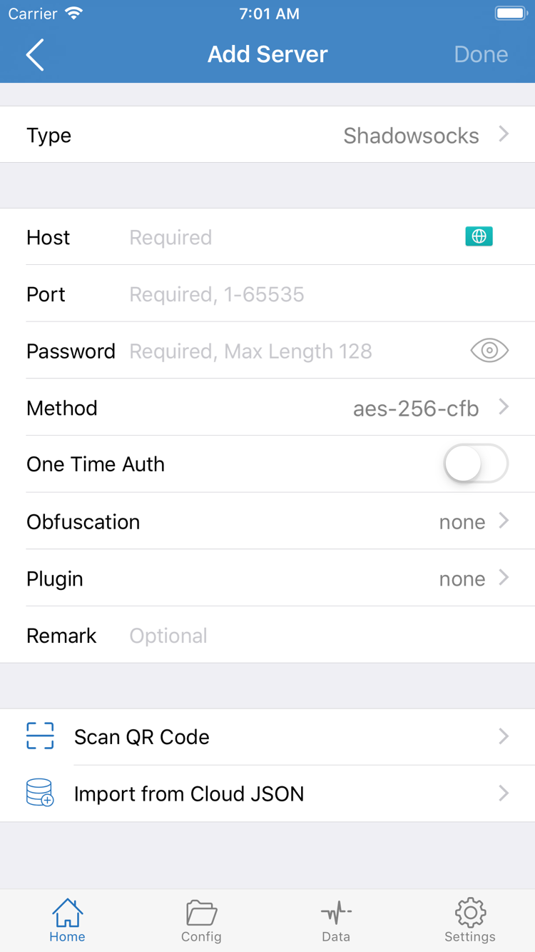 Shadowrocket Add Server screen showing Type, Host, Port, Password, Method, and the QR code scanner